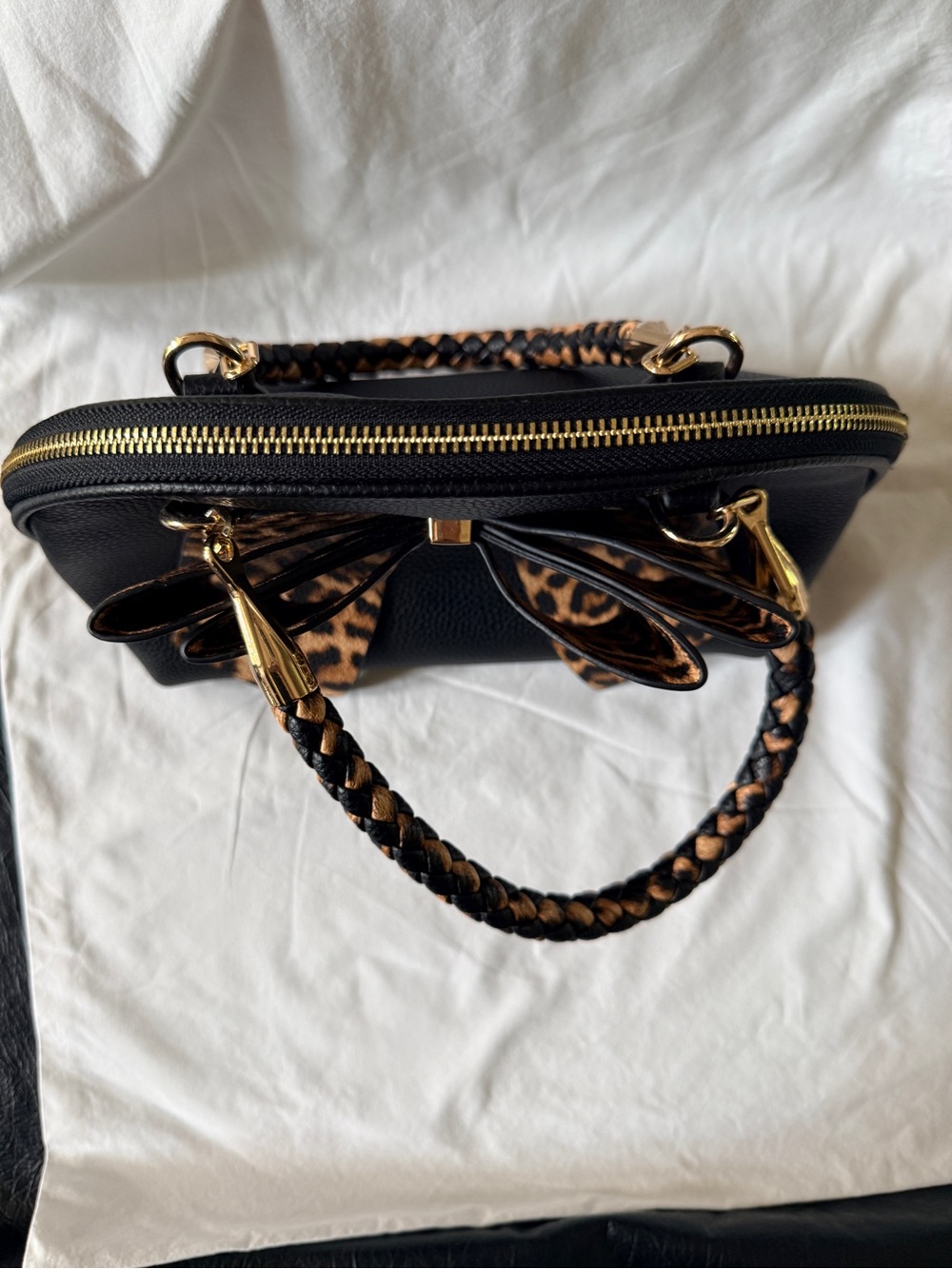 Black Satchel Bag with Leopard Bow Accent by - Picture 8 of 8